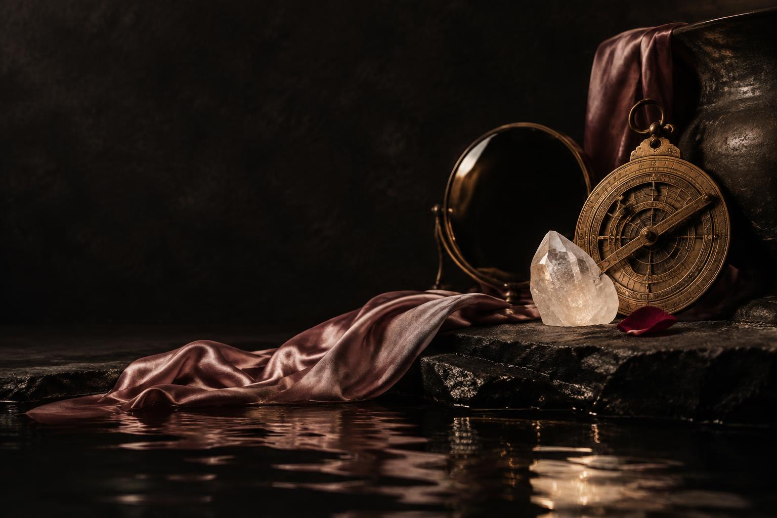 Rose silk, quartz and an antique astrolabe reflected in still water