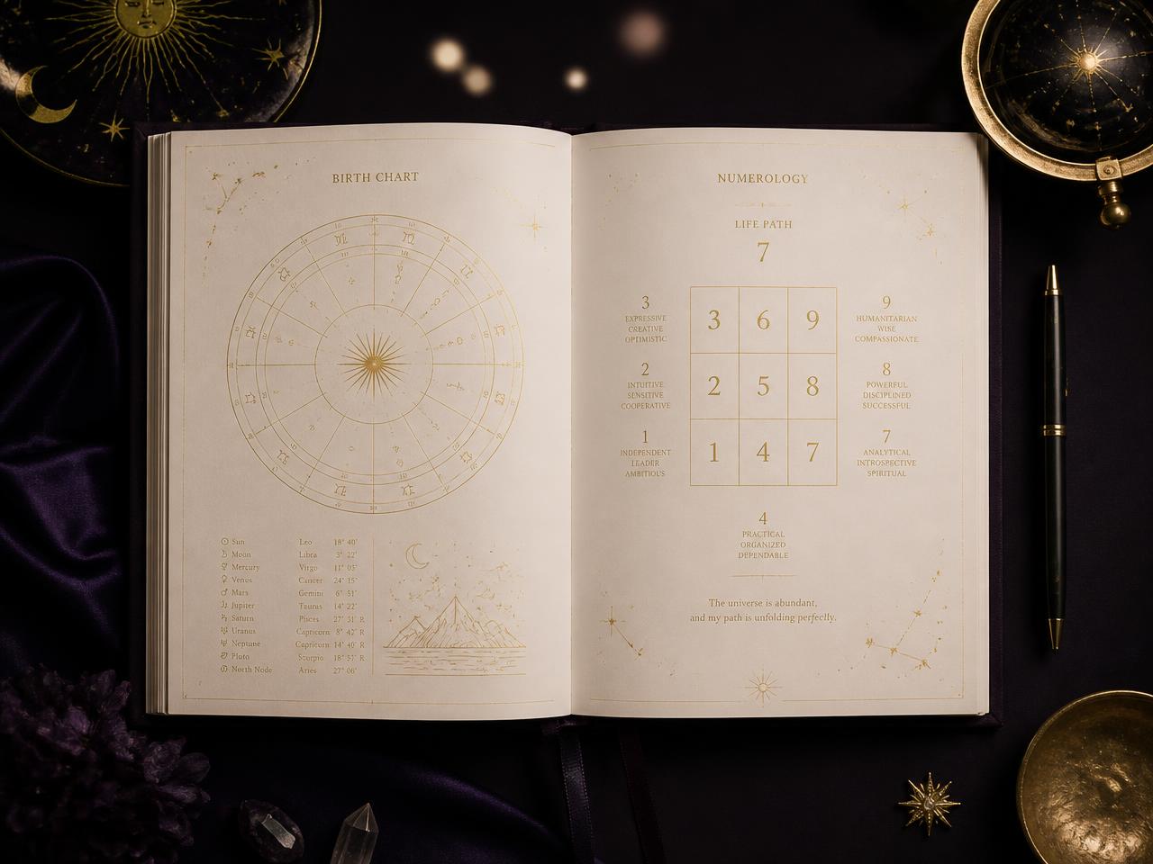 Open printable workbook spread with gold birth chart and numerology reflection pages